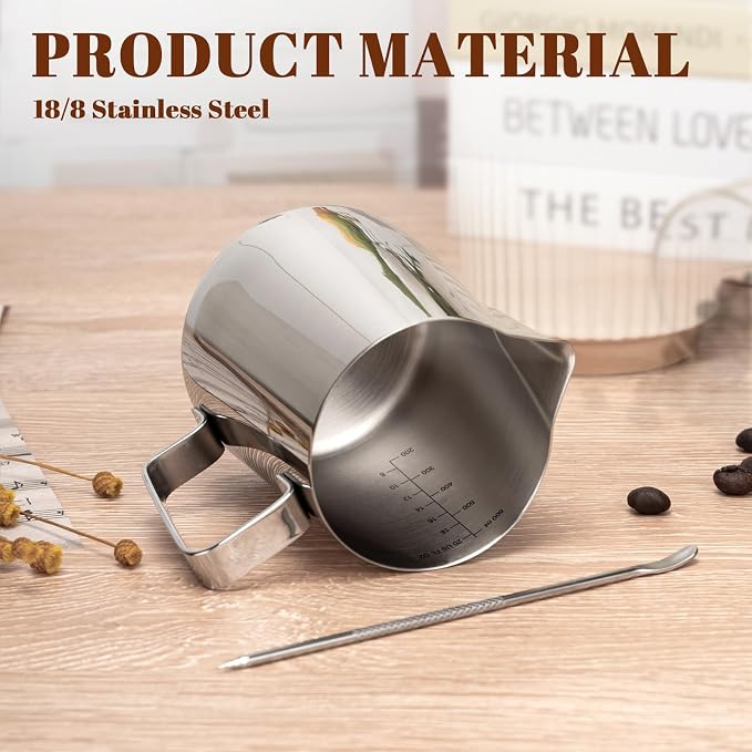 Amrules Milk Frothing Pitcher, 20oz Milk Frother Cup with Clear Scale, 304 Stainless Steel Cappuccino Espresso Machine Accessories for Barista Coffee Bar with Latte Art Pen, Silver - Image 5