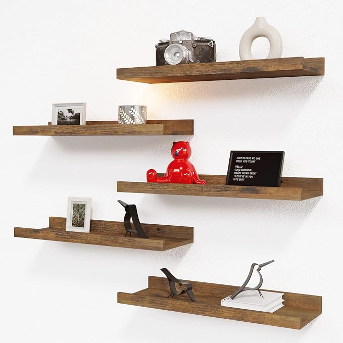 RICHER HOUSE 5-Set Floating Shelves with Lip, Brown Wall Mounted Wood Shelf | Display Picture Ledge Shelf, Anti-drop lip Shelf for Room Wall Decor, Bedroom Bathroom Storage Nursery Books, Easy Setup 16in by RicherHouse