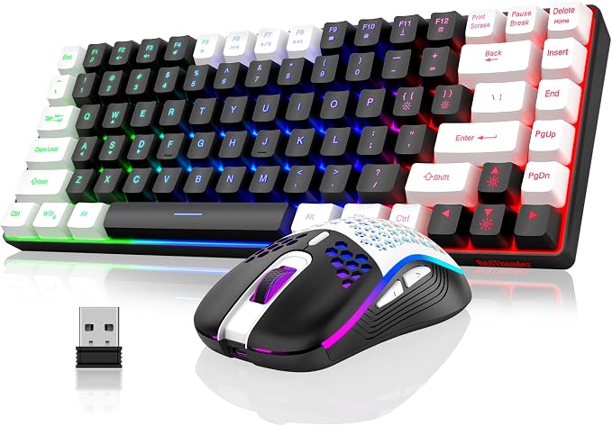 RedThunder K84 Wireless Keyboard and Mouse Combo, Rainbow Backlit Rechargeable Battery, 75% Layout TKL Ultra Compact Gaming Keyboard & Lightweight 3200 DPI Honeycomb Optical Mouse (Black-White) by RedThunder