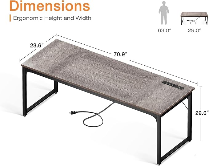 Coleshome 71 Inch Computer Desk with Power Outlet | Extra-long workspace • Fits dual monitors • Stable steel frame • Spacious legroom • Home office & gaming - Image 3