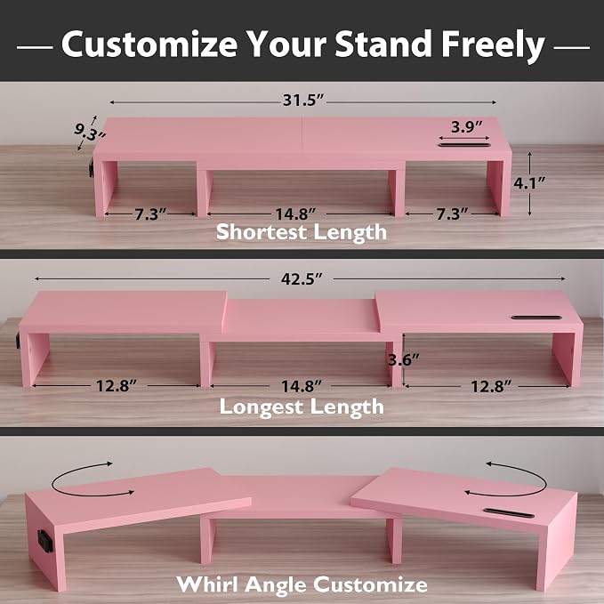 BONTEC Dual Monitor Stand Riser with Smartphone Holder, Adjustable Length & Swivel Angle, Ergonomic Wooden Desktop Organizer for PC Monitor, Laptop, Printer, Large Storage, 42.5 in, Pink - Image 3