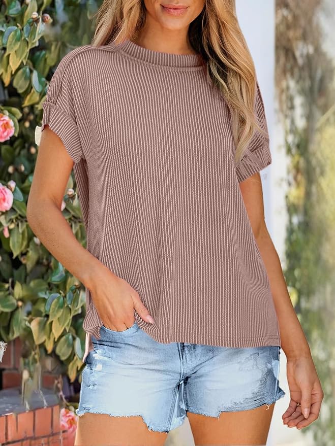 ANRABESS Womens Short Sleeve Crewneck Shirts Ribbed Knit High Low Hem T Shirt 2026 Summer Spring Casual Tops Trendy Clothes - Image 2