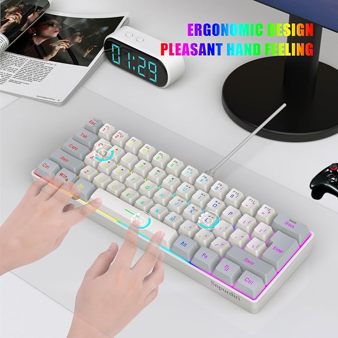 Snpurdiri 60% Wired Gaming Keyboard, 61 Keys RGB (Grey-White) | Backlit Small Gaming Keyboard for PC/Mac Gamer, Typist, Travel, Easy to Carry on Business Trip - Image 6