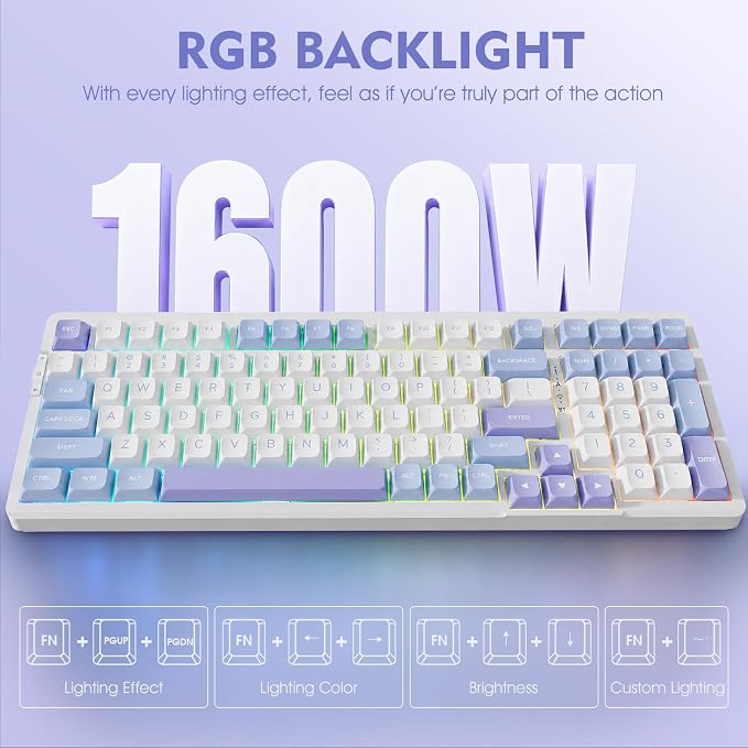 VGN V98ProV3 Gaming Keyboard, Tri-Mode Wireless Custom Mechanical Keyboard | Hot Swappable Gasket Keyboard , Bluetooth 2.4G USB-C, RGB Backlit Computer Keyboards for PC Mac, Pre-lubed Cow Switch, Purple - Image 5