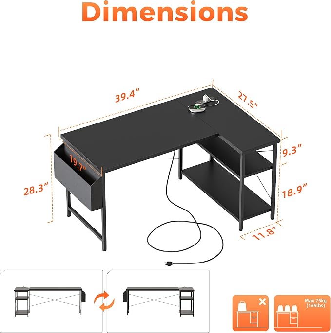 Mericonia 39 inch Corner Desk with Shelves, Small L Shaped Gaming Desk | Reversible Computer Desk with Power Outlets & Storage Bag, Office Table for Home Bedroom Study Work Writing - Image 2