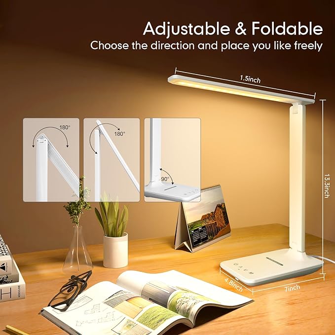White crown LED Desk Lamp with 15W Wireless Charger & USB Port, Dimmable Table Lamp with 5 Lighting Modes, Sensitive Touch Control, Foldable & Portable Desk Light for Home, Office, Bedroom, Reading - Image 7