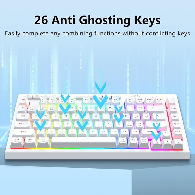 Redragon Wireless Gaming Keyboard, Portable 75% Compact,RGB Backlit, White | Bluetooth/2.4GHz/USB-C Wired, Mini Quiet Macro Membrane Keyboard, Rechargeable 4000mAh Battery, Anti-Ghosting for Win/MAC - Image 5