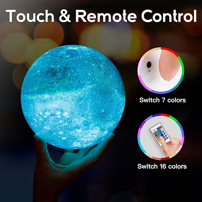 BRIGHTWORLD 7.1inch Galaxy Lamp 16 Colors Moon Lamp 3D Printing, Remote & Touch Control USB Rechargeable, Birthday Gifts for Women Room Decor Aesthetic（Black Hand Base） - Image 5