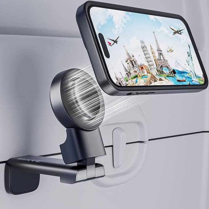 MiiKARE Travel Essentials Magnetic Airplane Phone Holder, Universal Handsfree Phone Mount for Flying with 360 Degree Rotation, Travel Must Haves Phone Stand for Desk, Tray Table, Black by MiiKARE