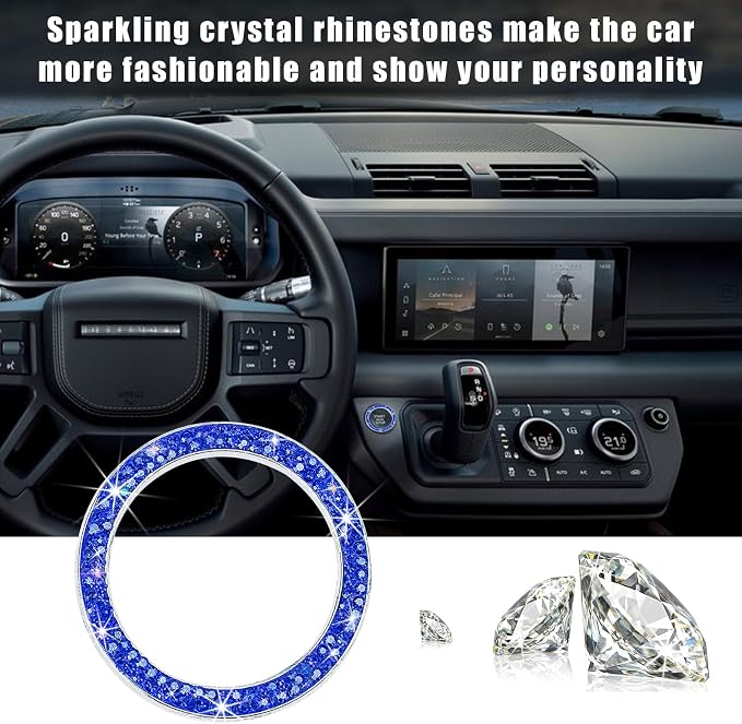 Kewucn 2 PCS Bling Crystal Double Rhinestone Car Engine Start Decoration Ring, Sparkling Push Start Button Sticker, Key Ignition & Knob Ring Decoration, Bling Car Interior Accessory(Dark Blue) - Image 5