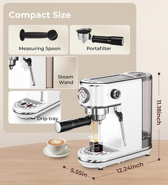 atatix 20 Bar Espresso Machine with Milk Frother, Compact Espresso Maker | Stainless Steel Coffee Machine with Precise Temp Control, 44oz Removable Water Tank for Latte, Cappuccino, White - Image 9