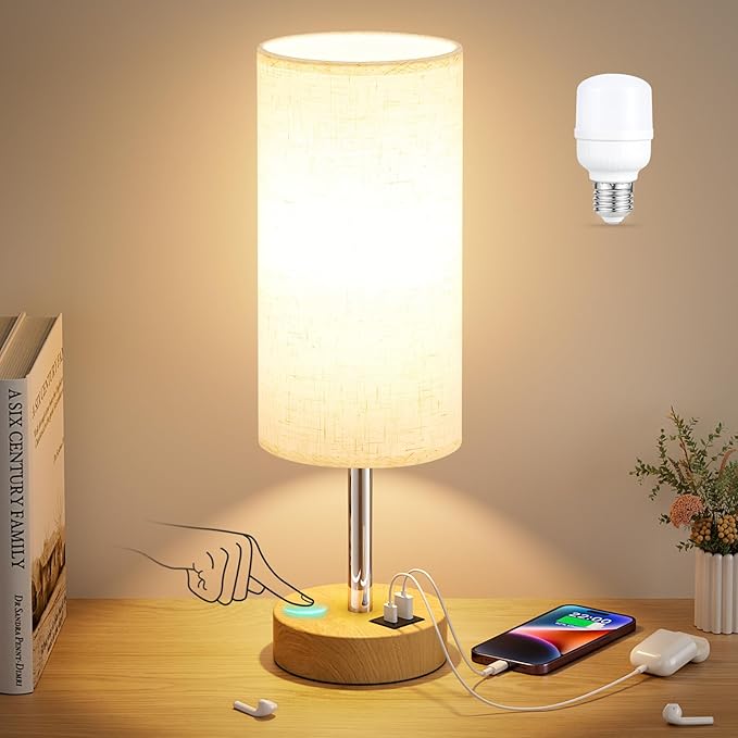 Dicoool Bedside Table Lamp for Bedroom - 3-Way Dimmable Touch Lamp, USB A+C | LED Bulb Included, 14" Small Nightstand Lamp for Desk, Living Room, Guest Room, Cream Fabric Lampshade, Wood-Grain Metal Base by DicooolDirect