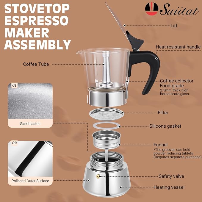 4 Cup 200ml Glass Moka Pot, Stovetop Espresso Maker, Silver | Crystal Glass-top & Stainless Steel Coffee Maker, Induction Compatible, for Greca de Cafe, Cuban and Italian Coffee Brewing - Image 2