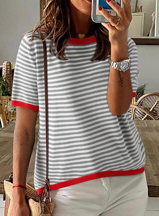 Dokotoo Womens Tops 2026 Casual Summer Crewneck Short Sleeve Striped Color Block Knit High Low Trendy Pullover Sweaters - Image 2