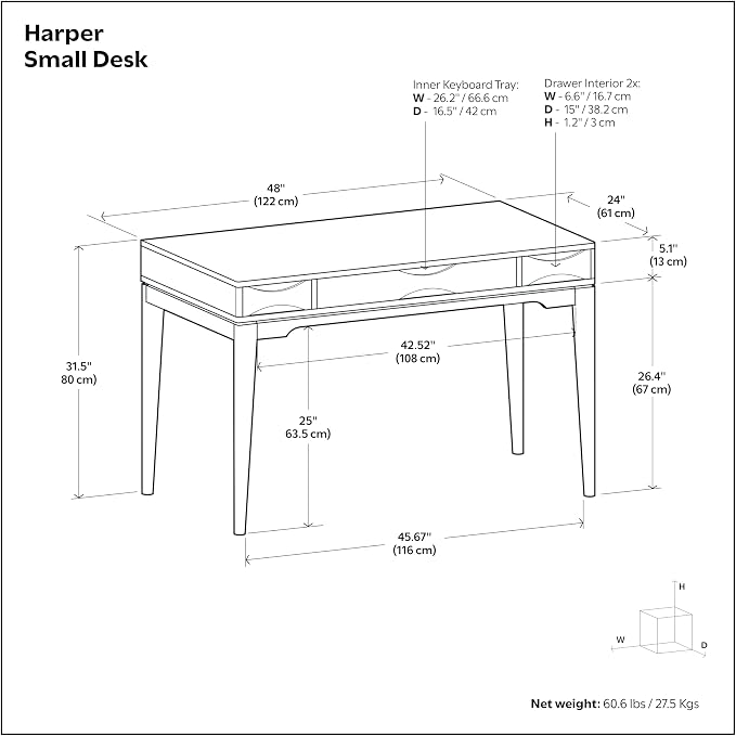 SIMPLIHOME Harper Small Desk - 48 inch Wide Solid Hardwood Writing Desk in Black, Mid-Century Modern Home Office Table for Study or Work with 2 Drawers and Flip-Down Keyboard Tray - Image 3