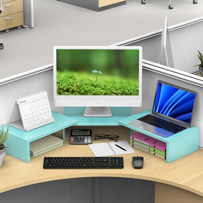 Dual Monitor Stand for Desk, Metal Computer Stand, Desk Shelf Riser,Desktop Organizer for Home and Office Use (Blue) - Image 5