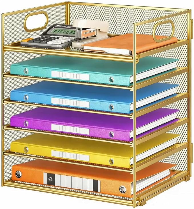 6 Tiers Letter Tray Paper Organizer with Handle, Mesh Desk File Organizer, Metal Desktop Document Shelf Organization, Paper Sorter Organizer for Office, Home or School File Folder Holder (Gold) by Lavatino