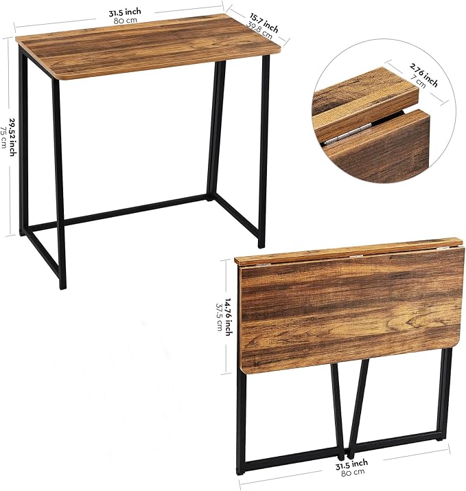 WOHOMO Folding Desk, 31.5" Foldable Computer Table for Small Spaces, Walnut | Easy Assembly and Fold, Sturdy Home office desks for Study Bedroom Dorm Space Saving Writing Work Apartment - Image 3