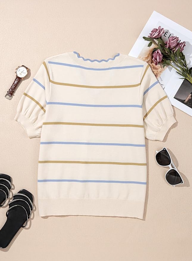Dokotoo Womens Summer Short Sleeve Knit Tops 2026 Spring Trendy Casual V Neck Striped Sweater Blouses - Image 6