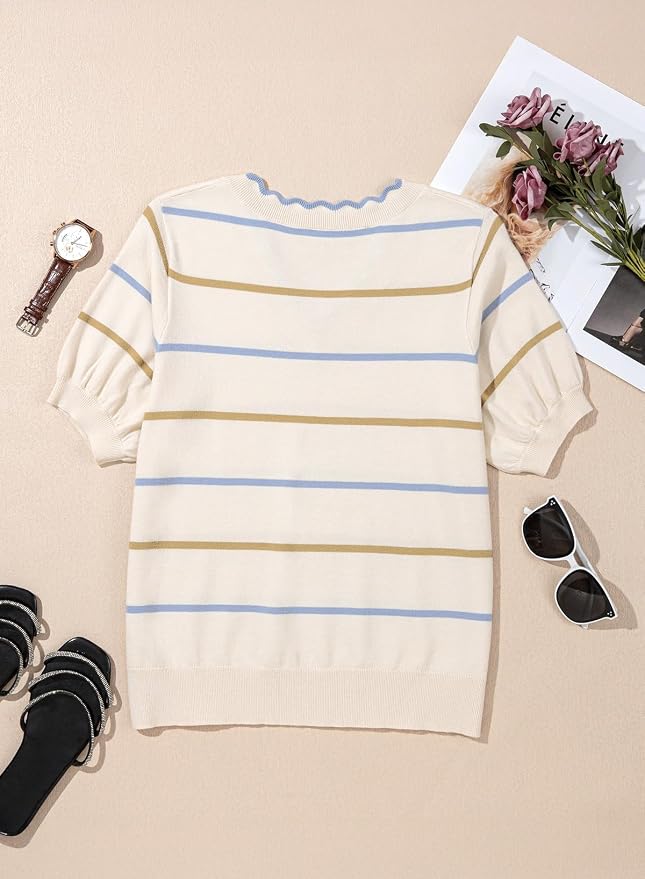 Dokotoo Womens Summer Short Sleeve Knit Tops 2026 Spring Trendy Casual V Neck Striped Sweater Blouses - Image 6