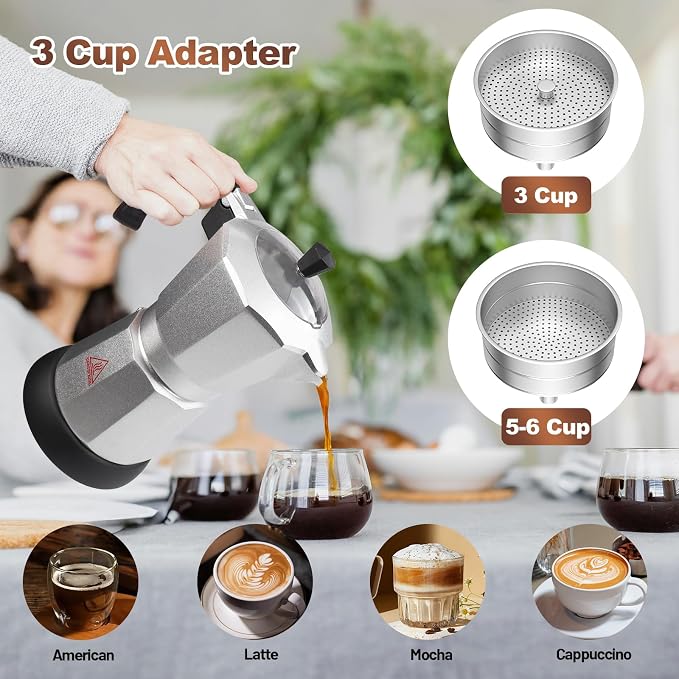 Electric Aluminum Moka Pot 3-6 Cup 150-270ml Espresso Maker | with Detachable Base Ideal Coffee Makers for Home MochaPot Italian and Cuban Café Coffeemaker Espressomaker CoffeePot Silver - Image 6