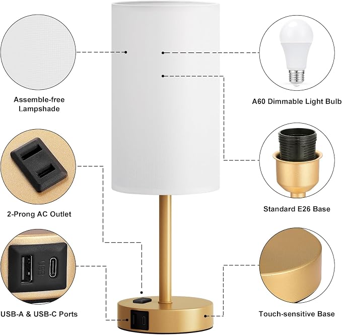 Fenmzee Gold Nightstand Bedroom Lamp - 3 Way Dimmable Bedside Lamp USB C A Charging Ports and AC Outlet, Small Table Lamp Linen Lampshade for Office Desk - Image 7