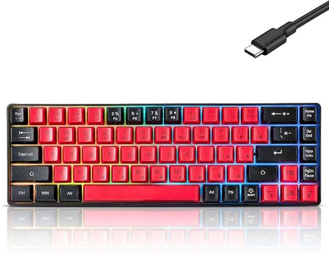 Wired Portable 60% Mechanical Feeling Gaming Keyboard,RGB LED Backlit Compact 68 Keys Mini Wired Office Keyboard for Windows Laptop PC Mac Gamer, Typist, Travel on Business Trip- Red and Black by Guiheng