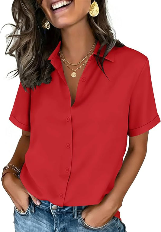 Zeagoo Button Down Shirts for Women Short Sleeve Collared Tops Dressy Casual V Neck Blouses by Zeagoo