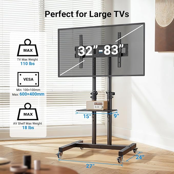 PERLESMITH Rolling TV Stand on Wheels for 32-83 Inch Screens up to 110lbs, Mobile TV Cart Height Adjustable Portable Outdoor TV Stand Tilt Rolling TV Cart with Shelf Max VESA 600x400mm PSTVMC03 - Image 3