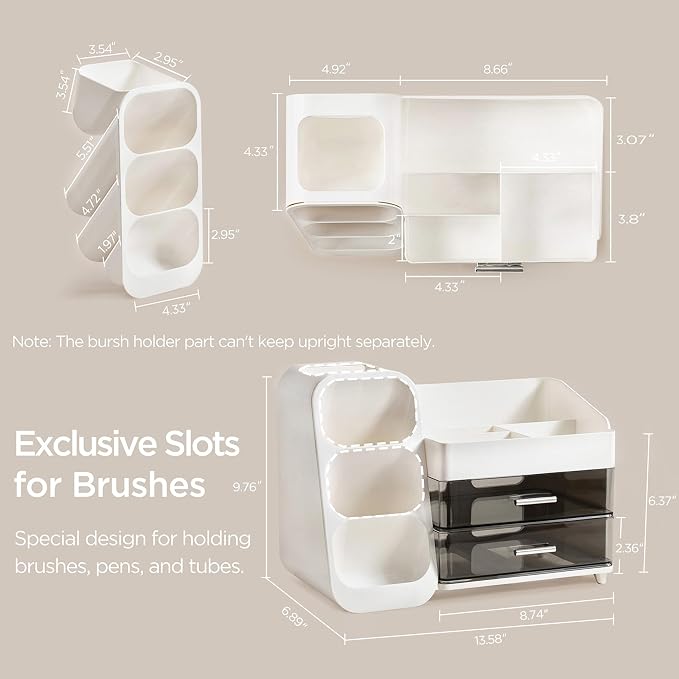HBlife Makeup Organizer with Brush Holder for Vanity, Large Plastic Bathroom Countertop Organizer Skin Care Storage, Easy to Store Lipsticks, Nail Polishes, Perfumes, Eyeshadow Palettes, White - Image 4
