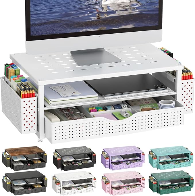 gianotter Desk Organizers and Accessories, Monitor Stand with Drawer and 2 Pen Holder, Desktop Organizer Suitable for Offices and Dormitories (White) by gianotter