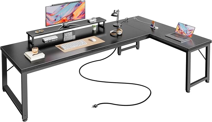 PRAISUN 61" L Shaped Computer Desk, Power Outlets, Monitor Stand, Black | USB-C Ports, Reversible Charging Station, Spacious Desktop & Legroom, 0.94 Inch Thick Desktop, for Gaming, Study & Work by PRAISUN
