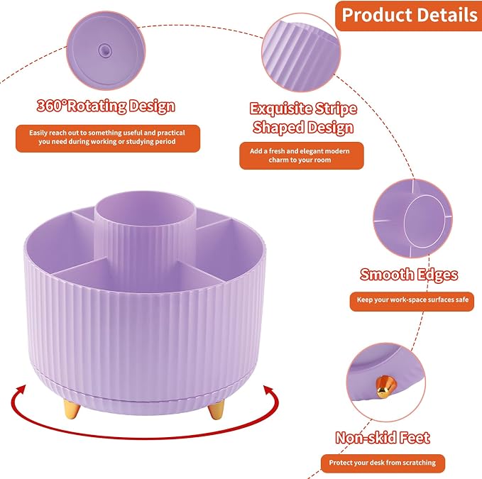 Desk Pencil Pen Holder, 5 Slots 360°Degree Rotating Pen Organizers for Desk, Desktop Storage Stationery Supplies Organizer, Cute Pencil Cup Pot for Office, School, Home, Art Supply, Purple - Image 6