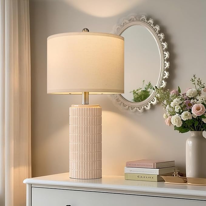 PoKat 23" Pink Ceramic Table Lamps Set of 2, Modern Bedroom Lamps for Girls Room, Bedside Lamps for Night Stands, Cute Lamps for Living Room Decor, Nightstands Desk Lamp, Pink - Image 3
