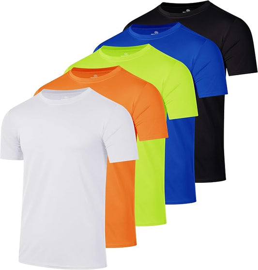 5 Pack Men's Dry Fit Short Sleeve T-Shirt Gym Workout Athletic Running Tee | Cooling, Moisture-Wicking, Crew Neck, Quick-Dry, Breathable, Active, Exercise, Fitness, Basketball, Cycling, Hiking, Tennis by RealEssentials