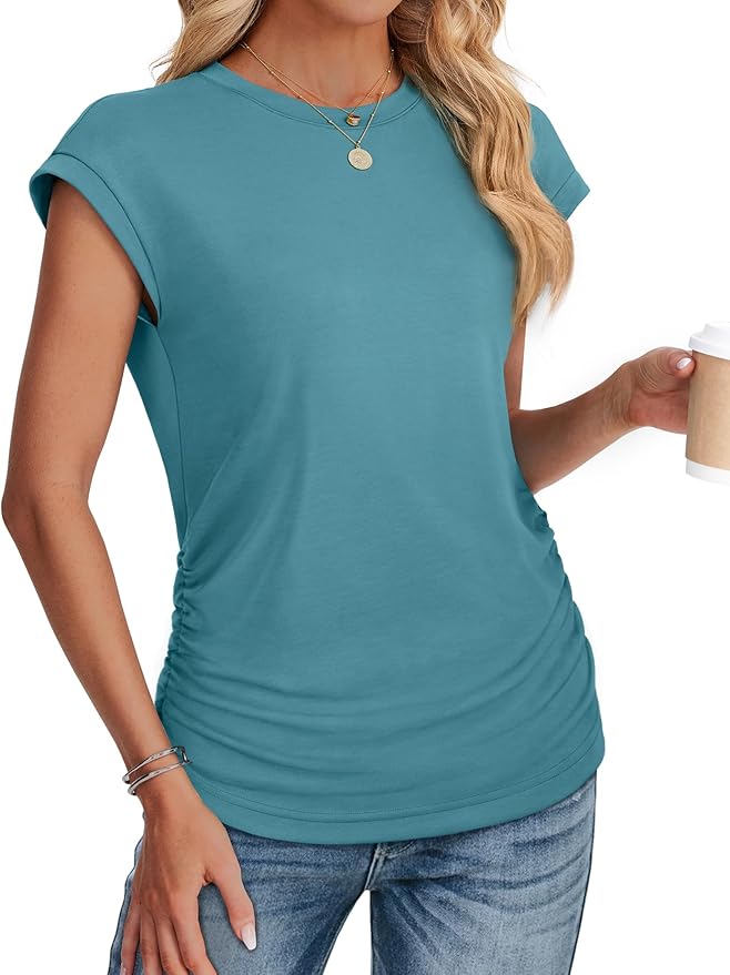 Sampeel Womens Summer Tops Trendy 2026 Ruched Cap Short Sleeve Tshirts Shirts Crew Neck T Shirts Fashion - Image 3