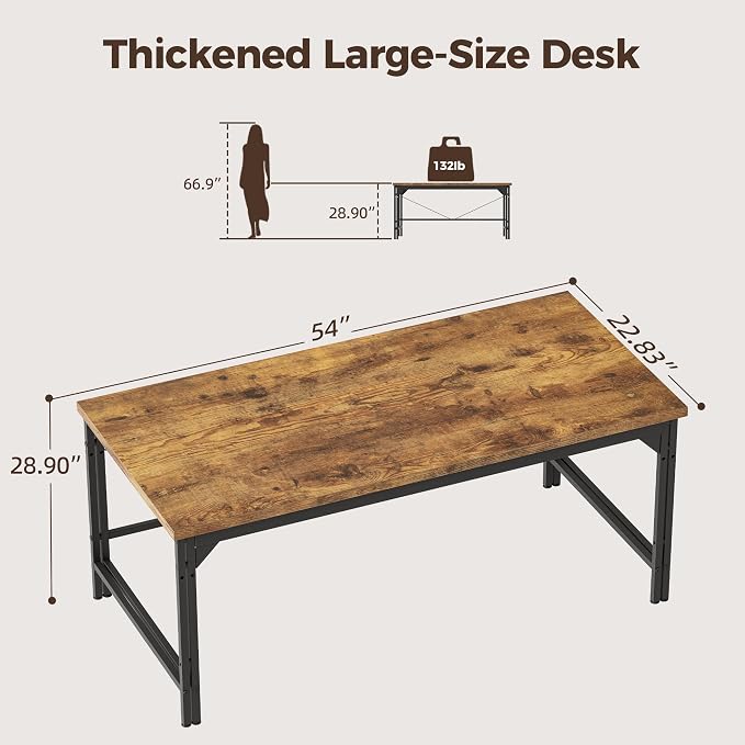 Mericonia 54 Inch Computer Desk, 1" Thick Large Office Table, Brown | Modern Simple Style, Heavy Duty Industrial Frame, Study & Writing Table for Home Bedroom Work - Image 2