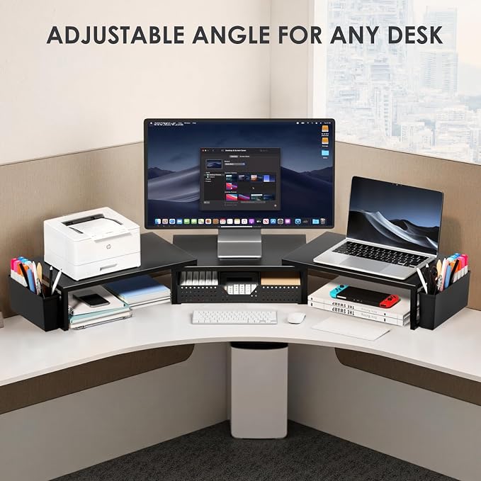 OPNICE Desk Organizers and Accessories, Dual Monitor Stand Riser with Drawer and 2 Pen Holders, Desk Shelf Metal Computer Racks for Office Workspace Organizers, Desktop Organization (Black Metal) - Image 6