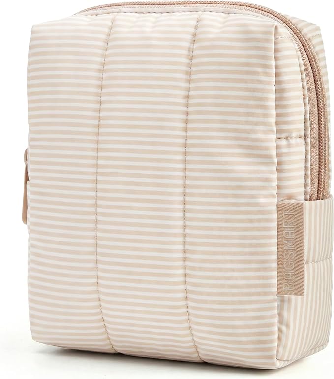 BAGSMART Small Makeup Bag for Women with Slip-in Pocket, Strip Khaki | Zipper Pouch, For Purse, Toiletry Pouch, Puffy Padded Mini Cosmetics Bag, Travel Essentials, Cute Make Up Organizer by BAGSMART
