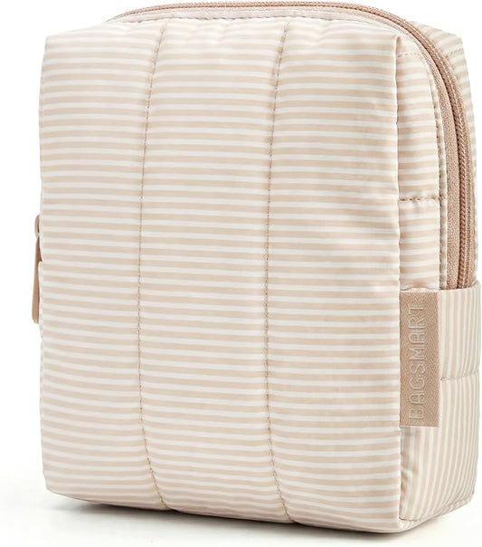 BAGSMART Small Makeup Bag for Women with Slip-in Pocket, Strip Khaki | Zipper Pouch, For Purse, Toiletry Pouch, Puffy Padded Mini Cosmetics Bag, Travel Essentials, Cute Make Up Organizer by BAGSMART