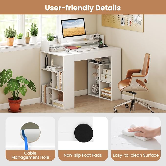 Giantex White Desk with Storage Shelves, 43" Home Office Computer Desk with Charging Station, Dual 3 Tier Bookshelf & Monitor Stand, PC Table Workstation, Modern Study Writing Desk for Bedroom, Dorm - Image 7