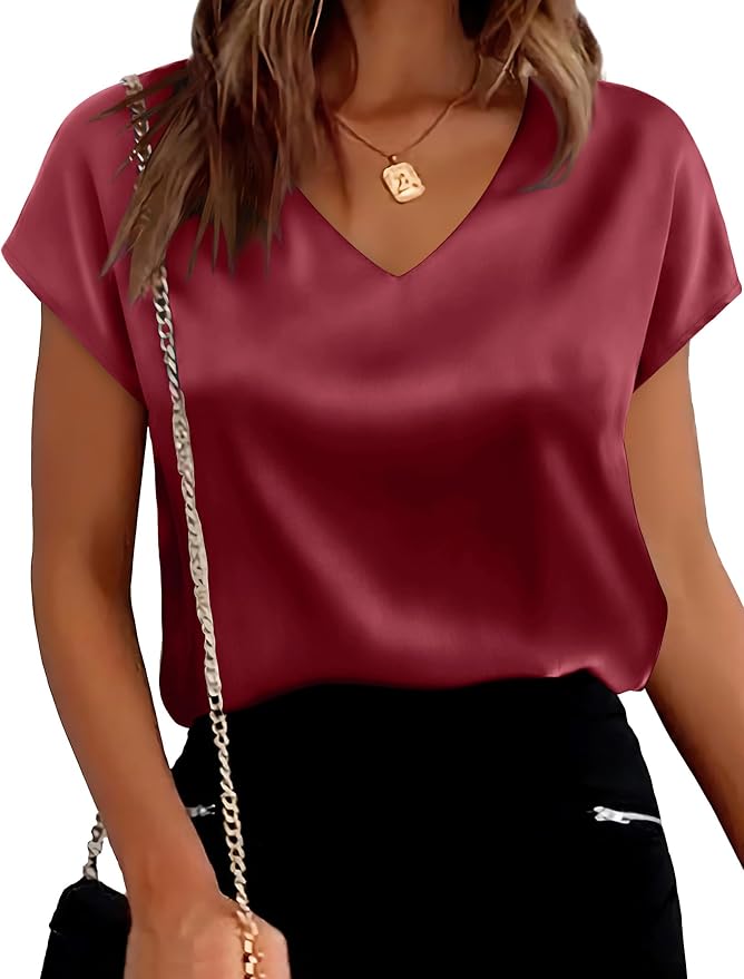 WIHOLL Womens Satin Summer Tops Cap Short Sleeve Blouses V Neck Shirts Business Casual Outfits Fashion Clothing 2026 - Image 3