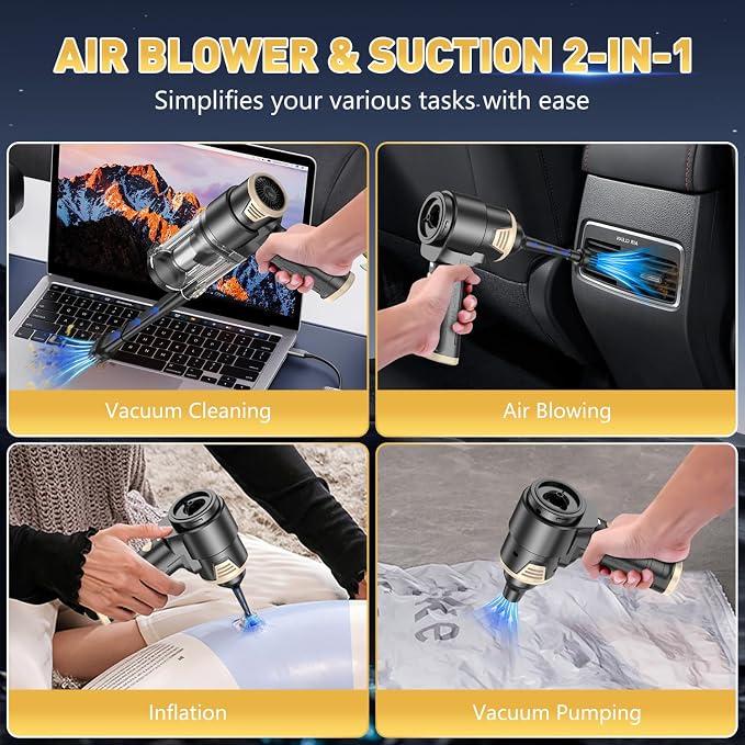 KMM Handheld Car Vacuum Cleaner, 16000PA Air Duster & Vacuum Cleaner, 120W High Power Hand Held Vacuum Cordless, Portable Vacuum Rechargeable with Multi-Nozzles & LED Light for Car, Home, Pet, Office - Image 3
