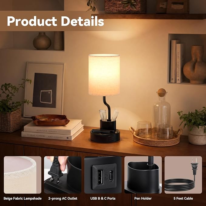 Fenmzee Bedside Lamps for Bedroom Set of 2 - Table Desk Lamp for Nightstand | 15" Table Lamp for Living Room with Pen Holder & Phone Stand, USB A+C Port, AC Outlet, 3 Color Temperature, LED Bulb Included - Image 7