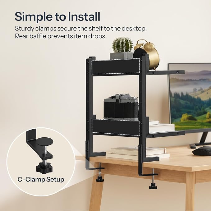 HOOBRO Clamp On Desk Shelf, 2-Tier Desktop Organizer, Space-Saving Desk Shelf with Adjustable Shelves, for Office, Study, Entertainment Accessories, Black BK32SJ01 - Image 5