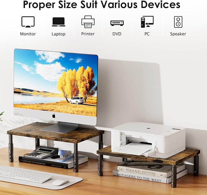 ECOLOVI Adjustable Wood Computer Monitor Stand Riser, Office Desk Organizer and Accessories for Monitor, Laptop, PC, Printer, Office Desk Accessories Workspace Organizer for Home Office Supplies, Brown - Image 6