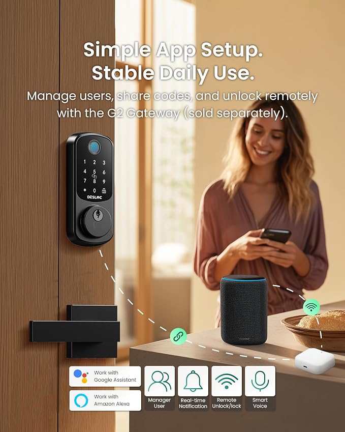 DESLOC B200 Fingerprint Smart Door Lock with App Control, Keyless Entry Deadbolt for Front Door, Auto Lock, Touchscreen Keypad, 8 Unlock Methods, USB-C Backup Power, 12-Month Battery, BHMA Grade3 - Image 3