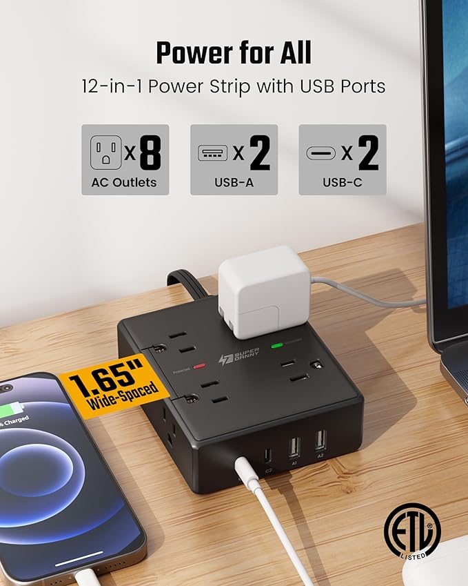 SUPERDANNY Extension Cord,Flat Plug Surge Protector Power Strip,15Ft | 8 AC & 4 USB Ports (2 USB C),Surge Protector with 1050J,Desk Charging Station for Home Office,College Dorm Room Essentials - Image 3