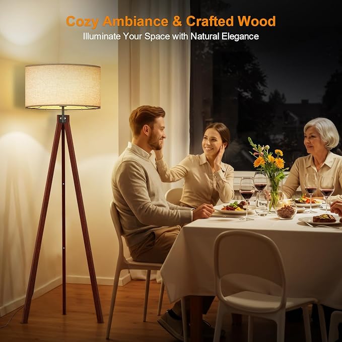 LEPOWER Tripod Floor Lamp Mid Century Modern Standing Lamps for Living Room | Light-Diffusing Linen Shade, Premium Rubberwood Tripod with E26 Base, Adding Warmth to Bedroom, Office & Study Corner Brown - Image 4