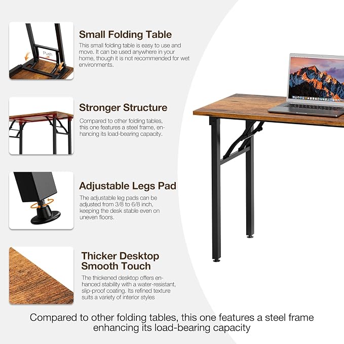 TEMI Small Computer Desk Folding Table - 35.8" Foldable Office Desk, No Assembly, Perfect for Small Spaces in Bedroom, Dorm, or Apartment, Portable Mini Desk or Study Table with Compact Design, Brown - Image 6